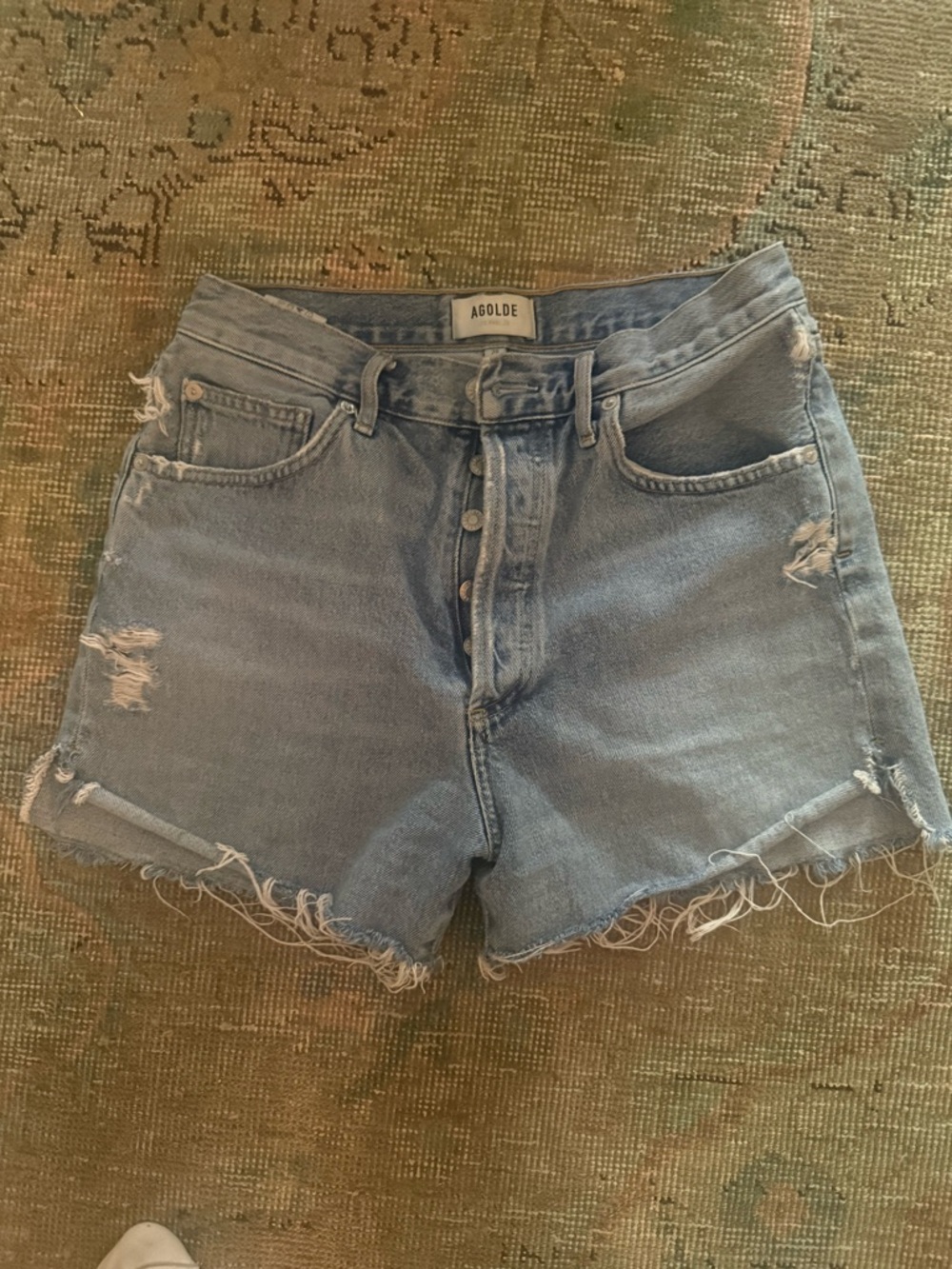Agolde Light Blue High-Rise Distressed Jean Shorts